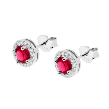 Orecchini forma Tonda con Zircone Rosso Rubino contornato con Zirconi Bianchi in ARGENTO 925 Galvanica Rodio - Milano 7 Arte e Design