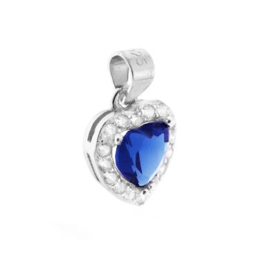 Ciondolo a forma di Cuore con Zircone Blu Zaffiro contornato con Zirconi Bianchi in ARGENTO 925 Galvanica Rodio - Milano 7 Arte e Design