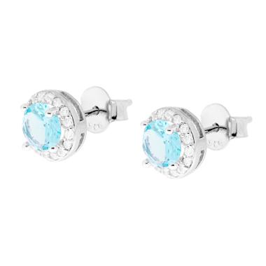 Orecchini forma Tonda con Zircone Acquamarina contornato con Zirconi Bianchi in ARGENTO 925 Galvanica Rodio - Milano 7 Arte e Design