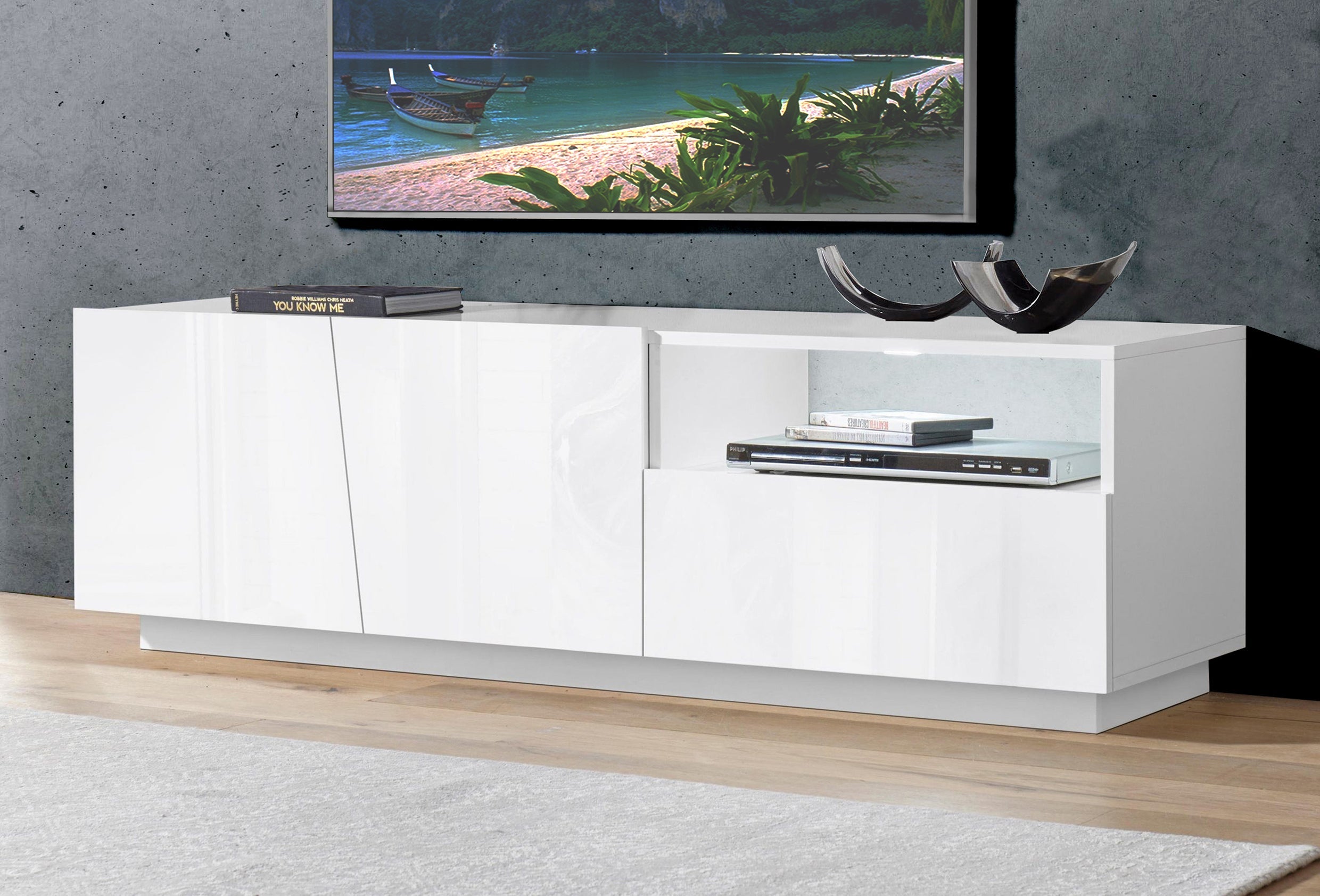 Porta tv VEGA 150 cm  2 ante battenti + 1 cassetto bianco laccato lucido - Milano 7 Arte e Design
