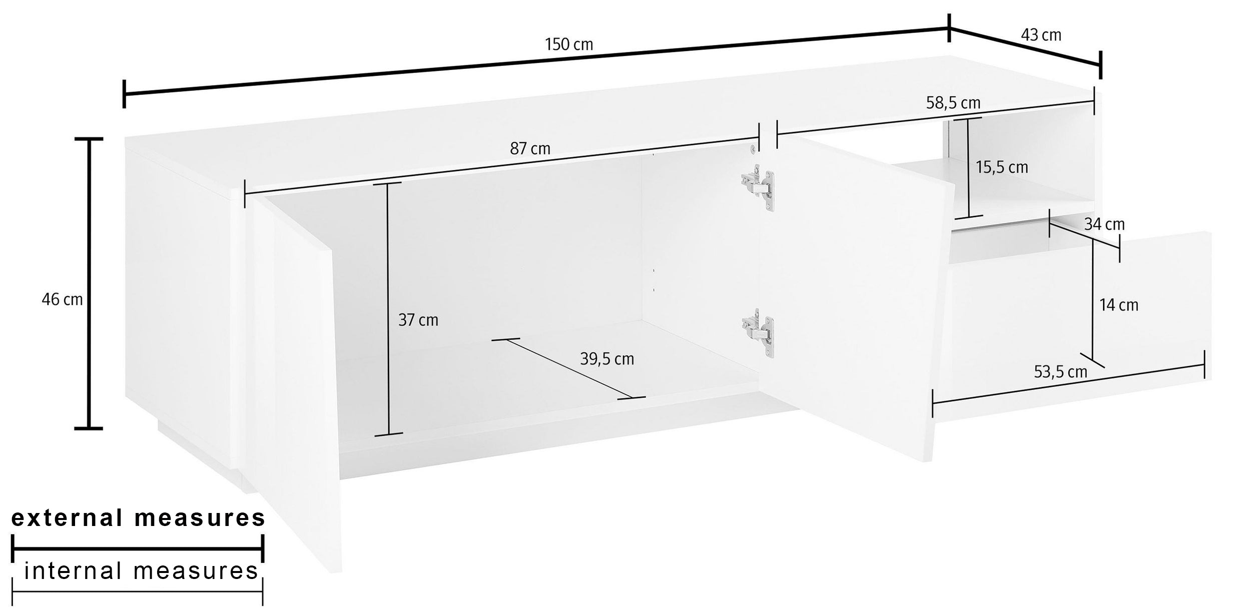 Porta tv VEGA 150 cm  2 ante battenti + 1 cassetto bianco laccato lucido - Milano 7 Arte e Design
