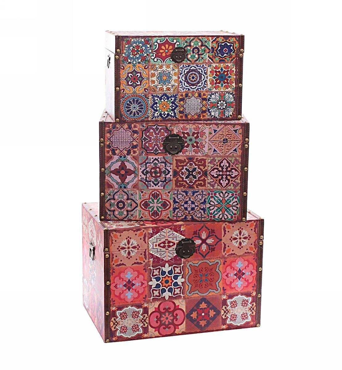 Baule in mdf stampa piastrelle 60x40H42 in set di 3