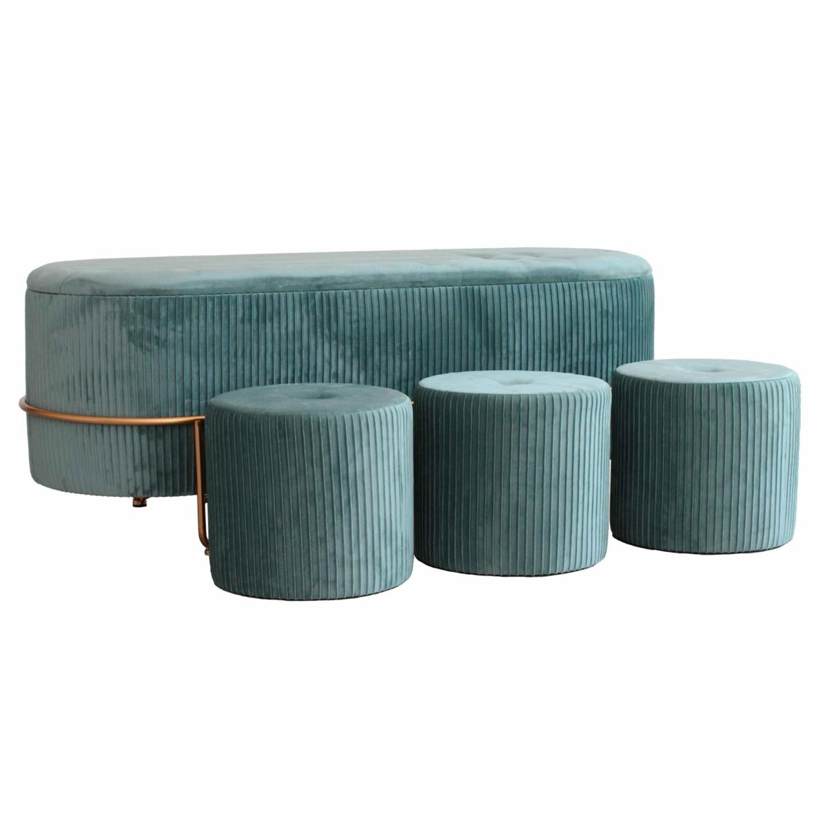 Panca contenitore con pouf in velluto turchese 124X49H48