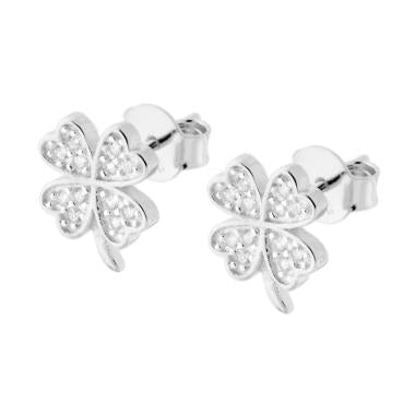 Orecchini a forma di Quadrifoglio con Zirconi Bianchi in ARGENTO 925 Galvanica Rodio - Milano 7 Arte e Design