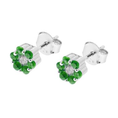 Orecchini Fiore con petali Zirconi Verde Smeraldo e centrale Zircone Bianco in ARGENTO 925 Galvanica Rodio - Milano 7 Arte e Design