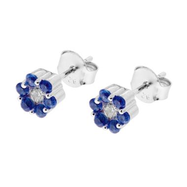 Orecchini Fiore con petali Zirconi Blu Zaffiro e centrale Zircone Bianco in ARGENTO 925 Galvanica Rodio - Milano 7 Arte e Design