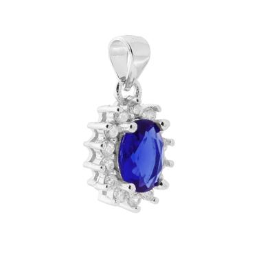 Ciondolo con Zircone Ovale Blu Zaffiro contornato con Zirconi Bianchi in ARGENTO 925 Galvanica Rodio - Milano 7 Arte e Design