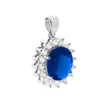 Ciondolo con Zircone Ovale Blu Zaffiro contornato da Zirconi Bianchi in ARGENTO 925 Galvanica Rodio - Milano 7 Arte e Design