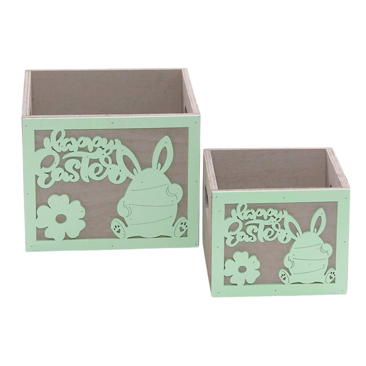 Portavaso verde in legno "Happy Easter" 15X15H12 in set di 2