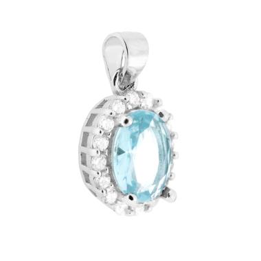 Ciondolo con Zircone Ovale Acquamarina contornato con Zirconi Bianchi in ARGENTO 925 Galvanica Rodio - Milano 7 Arte e Design