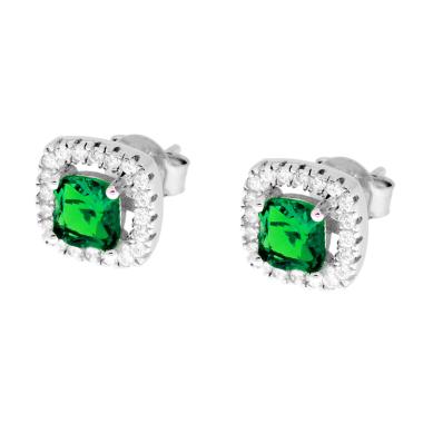 Orecchini Quadrati Zircone Verde Smeraldo contornato da Zirconi Bianchi in ARGENTO 925 Galvanica Rodio - Milano 7 Arte e Design