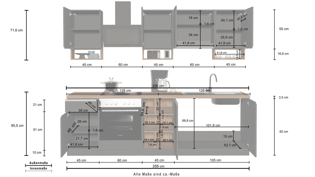 Cucina lineare SOLE da 256 cm, composizione 1 - Milano 7 Arte e Design
