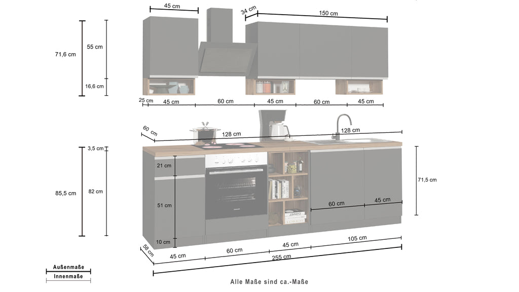 Cucina lineare SOLE da 256 cm, composizione 1 - Milano 7 Arte e Design
