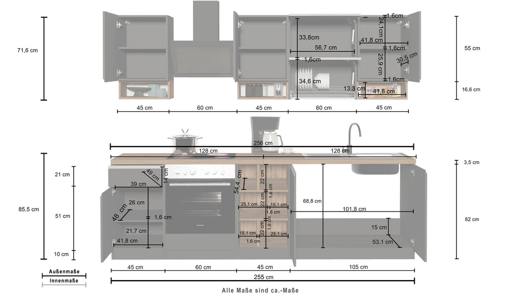 Cucina lineare SOLE 256 cm, composizione 2 - Milano 7 Arte e Design