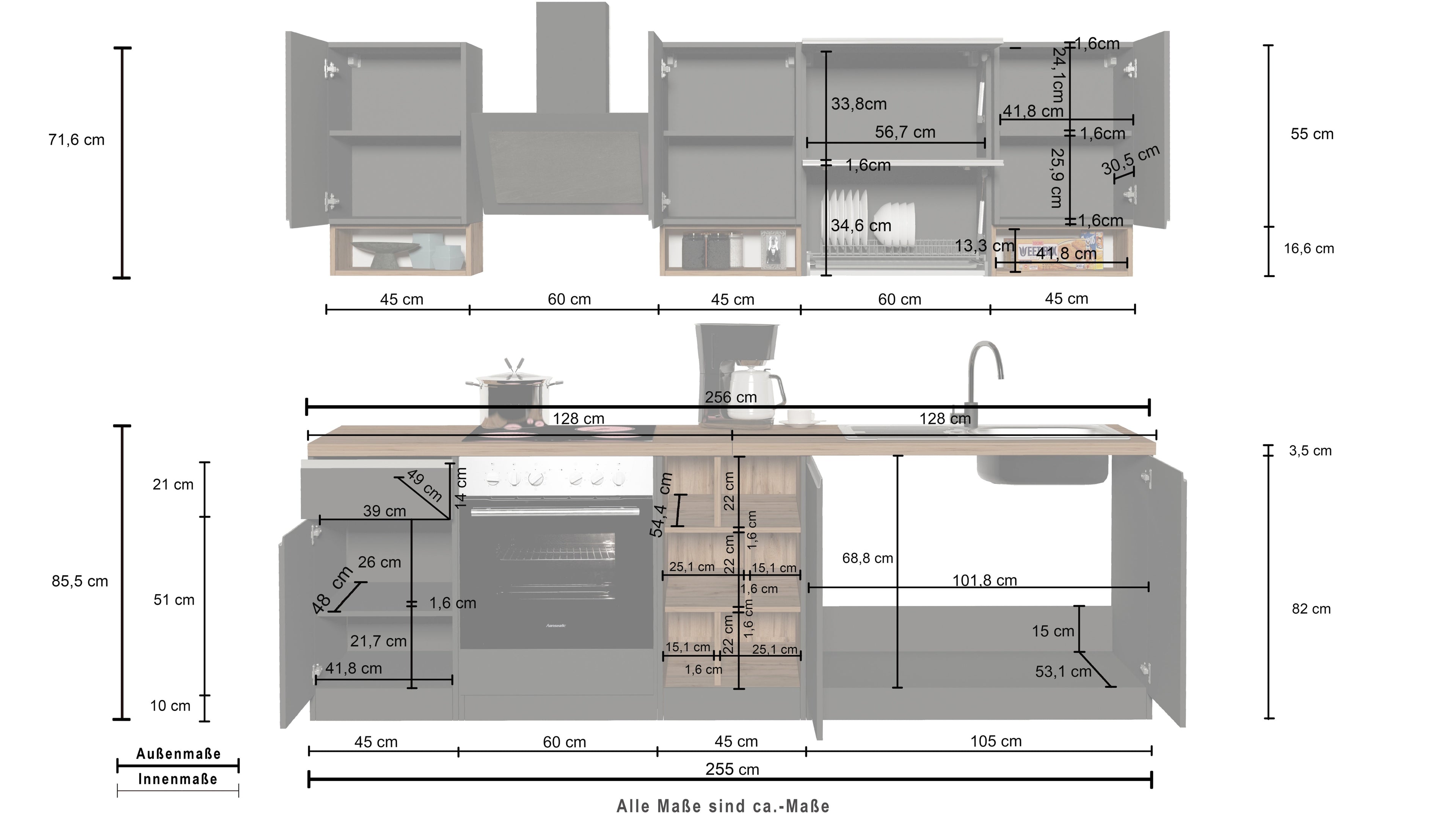 Cucina lineare SOLE 256 cm, composizione 2 - Milano 7 Arte e Design