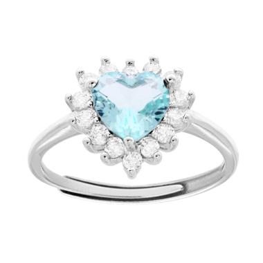 Anello Solitario Cuore Cubic Zirconi Acquamarina contornato da Cubic Zirconia Bianchi in ARGENTO 925 Galvanica Rodio - Milano 7 Arte e Design