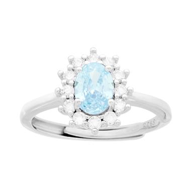 Anello Halo Solitario Ovale con Zircone Acquamarina contornato da Zirconi Bianchi in ARGENTO 925 Galvanica Rodio - Milano 7 Arte e Design