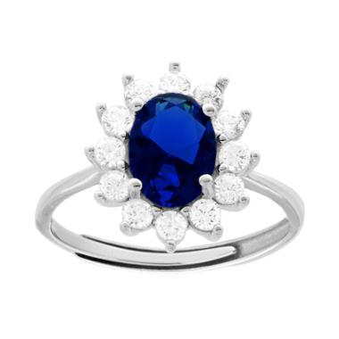 Anello Solitario Halo con Zircone Ovale Blu Zaffiro contornato da Zirconi Bianchi in ARGENTO 925 Galvanica Rodio - Milano 7 Arte e Design