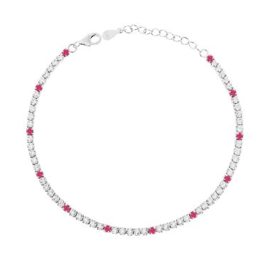 Bracciale Tennis Griffe cm 17+3 con Zirconi mm 2 Bianchi e Rosso Rubino alternati in ARGENTO 925 Galvanica Rodio