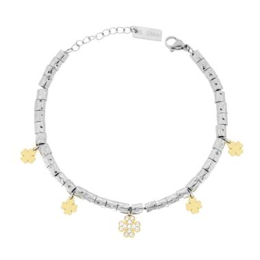 Bracciale Catena con Cilindri Martellati e Quadrifogli colore Oro con Crystal Bianchi in ACCIAIO - Milano 7 Arte e Design