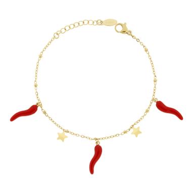 Bracciale Catena Forzatina con Stelle plain e Corni portafortuna smalto Rosso in ACCIAIO colore Oro - Milano 7 Arte e Design