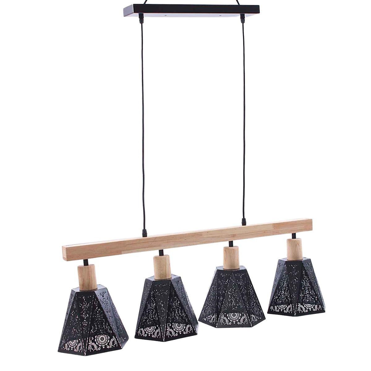 Lampadario in metallo nero e legno naturale a 4 luci 90x18H30