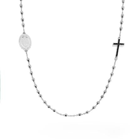 Collana Rosario modello Girocollo cm 46+4 con Grani a pallina liscia mm 2.5 e Zirconi Bianchi in ARGENTO 925 Galvanica Rodio