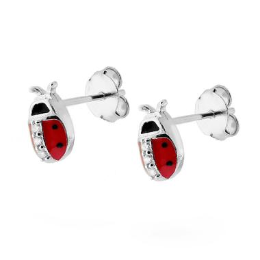 Orecchini Coccinella con Smalto Rosso e pois Neri con Zirconi Bianchi centrali in ARGENTO 925 Galvanica Rodio - Milano 7 Arte e Design