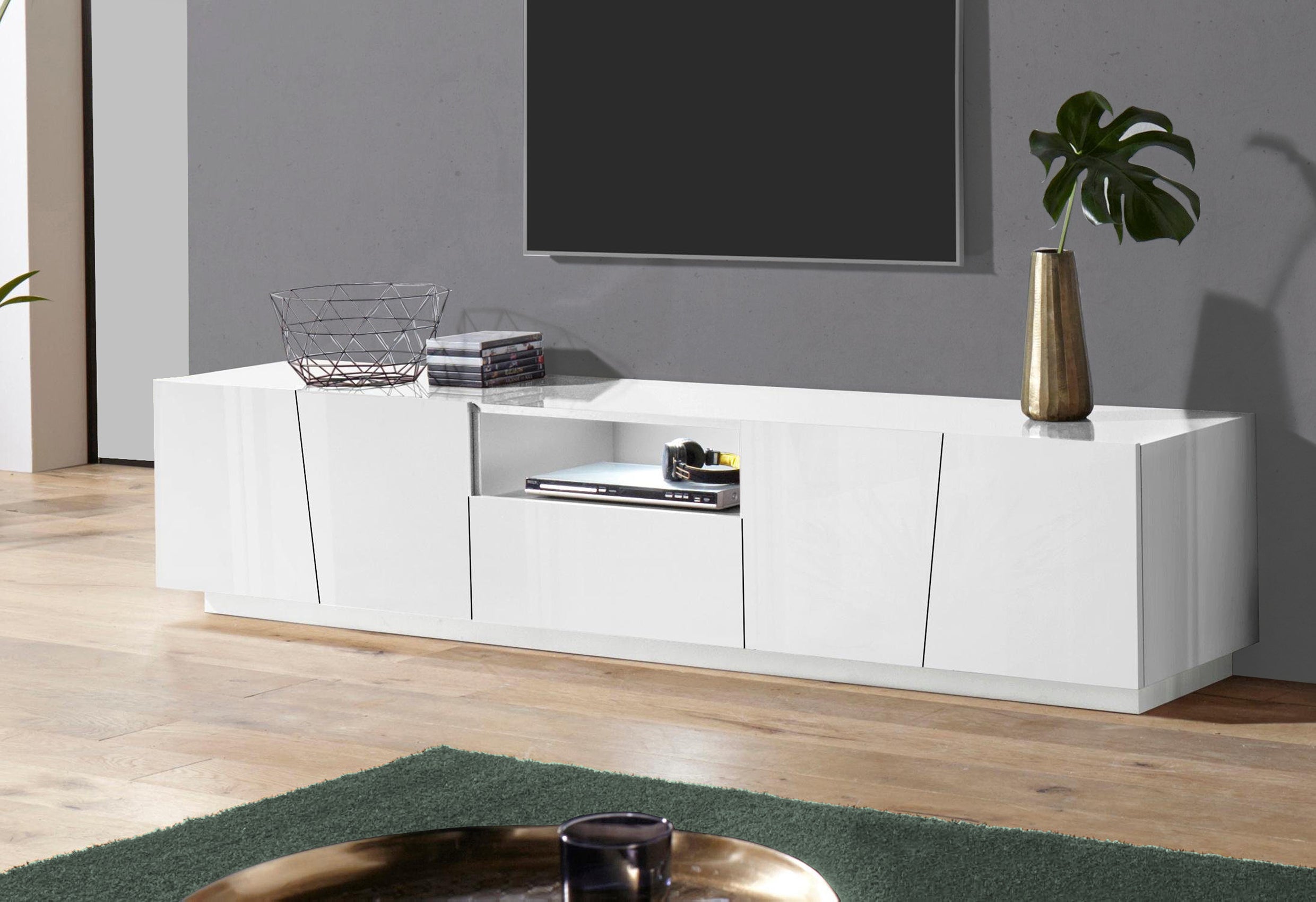 Porta tv VEGA 220 cm 4 ante battenti + 1 cassetto bianco laccato lucido - Milano 7 Arte e Design