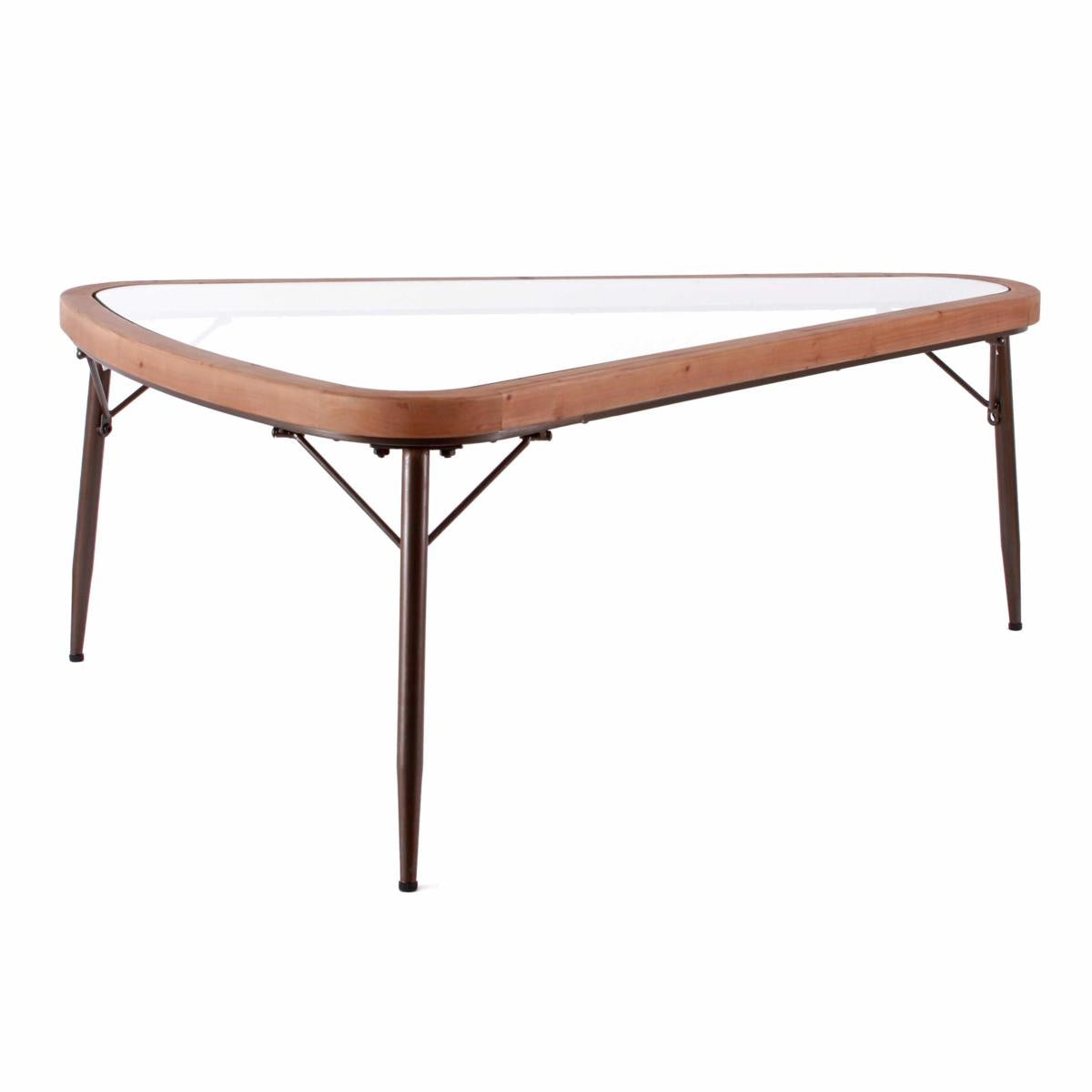 Tavolino triangolare in legno e ferro con top vetro 117X83H45
