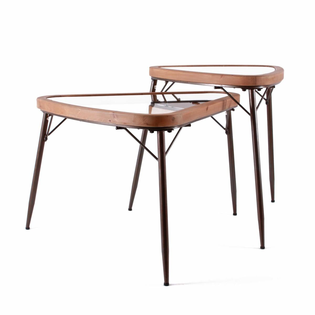 Tavolino triangolare in legno e ferro top vetro 83X73H65 in set di 2