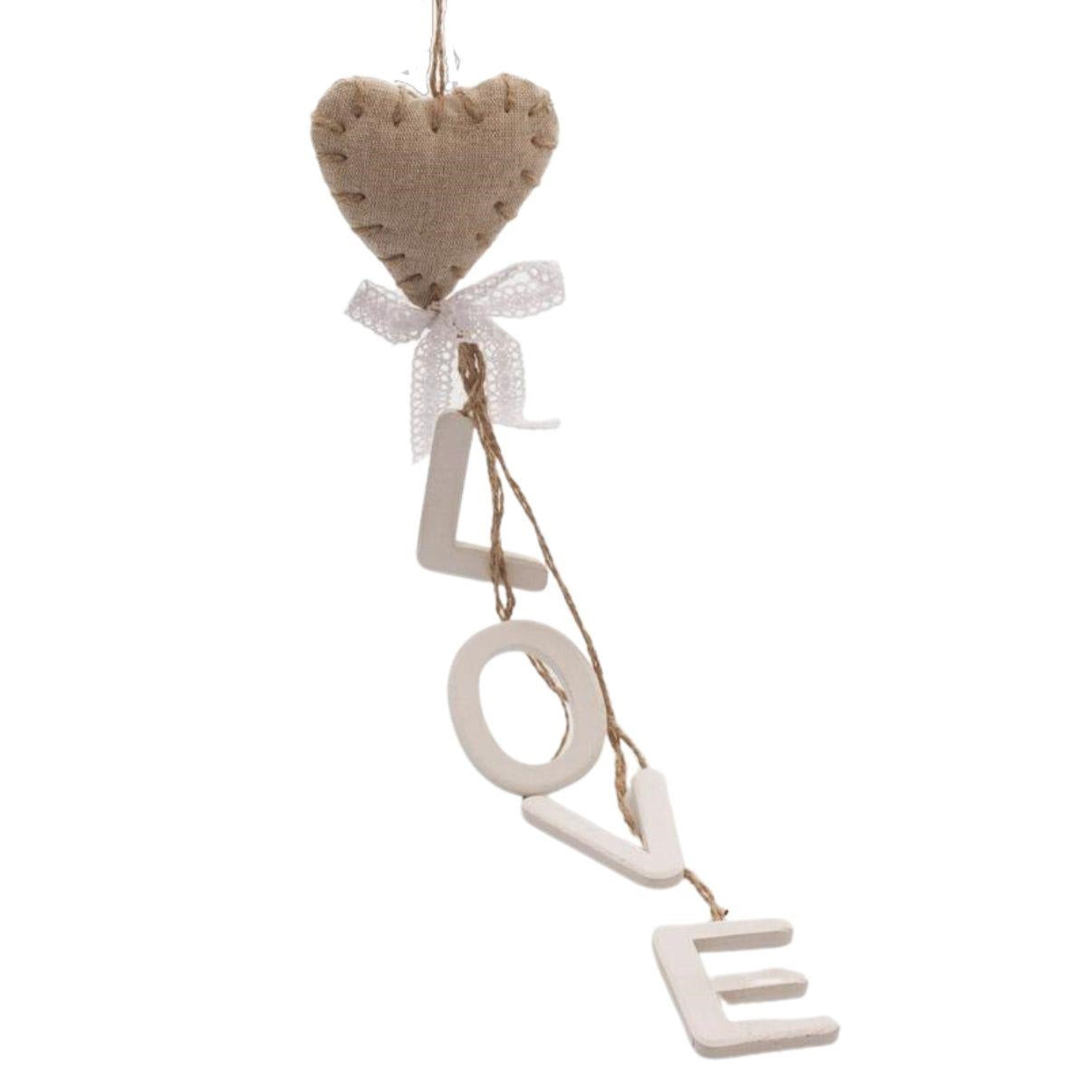 Scritta pendente in legno con cuore in stoffa H30 - Milano 7 Arte e Design