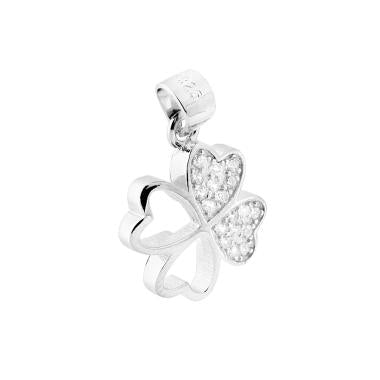 Ciondolo Quadrifoglio Cuore con Zirconi Bianchi in ARGENTO 925 Galvanica Rodio - Milano 7 Arte e Design