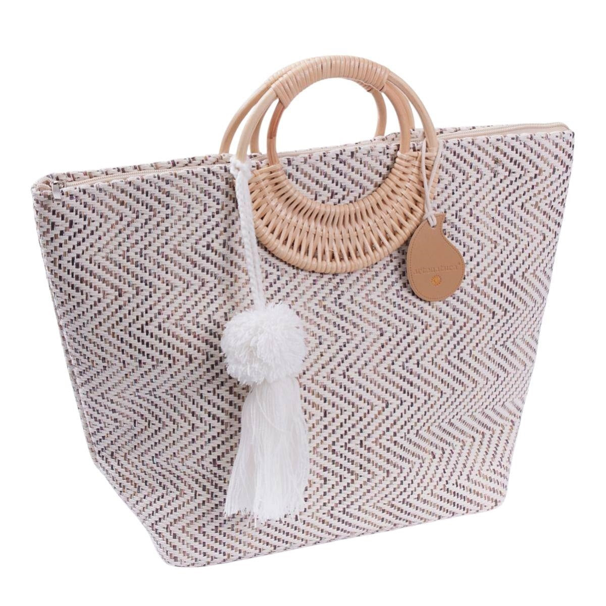 Borsa in cotone con manici in rattan 48H33