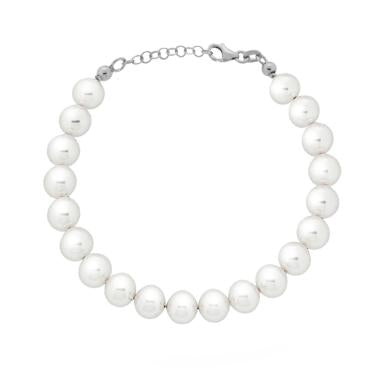 Bracciale Perla Bianca mm 8 in vetro perlato con filo e chiusura in ARGENTO 925 Galvanica Rodio - Milano 7 Arte e Design