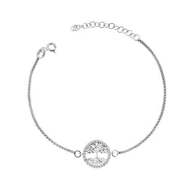 Bracciale Catena Coreana con Albero della Vita e Zirconi Bianchi in ARGENTO 925 Galvanica Rodio - Milano 7 Arte e Design