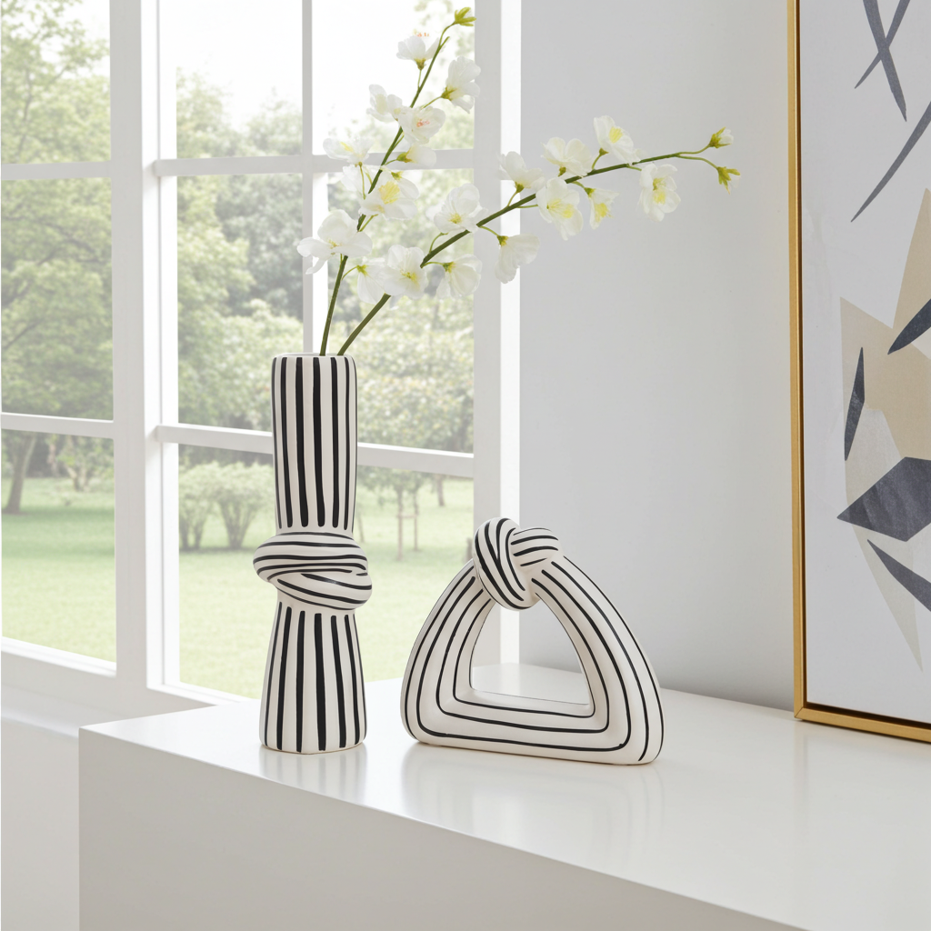 Set di vaso e soprammobile a righe ,moderno.