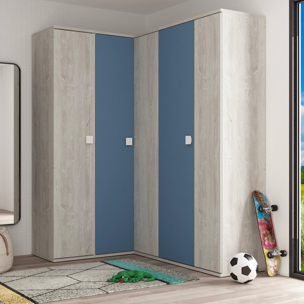 Armadio ad angolo 5 ante in colore bianco consumato e celeste