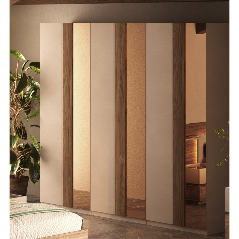 Armadio Bristol 6 ante battenti in finitura cashmere e noce caramello con specchi bronzati