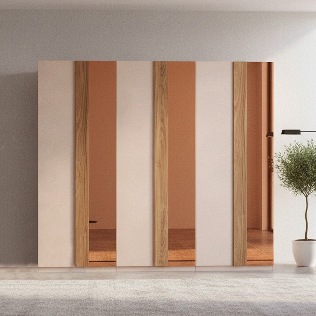 Armadio Bristol 6 ante battenti in finitura cashmere e noce caramello con specchi bronzati