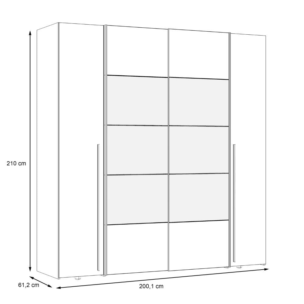 Armadio Callia 2 ante battenti bianco e 2 ante scorrevoli con specchio 200.1x61.2xH210.5 cm.