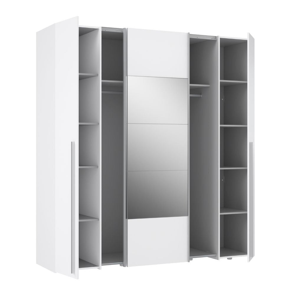 Armadio Callia 2 ante battenti bianco e 2 ante scorrevoli con specchio 200.1x61.2xH210.5 cm.