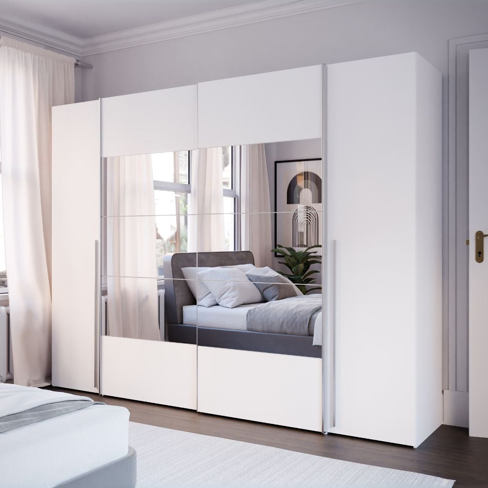 Armadio Callia con 2 ante battenti colore bianco e 2 ante scorrevoli con specchio 270.3x61.2xH210.5 cm.