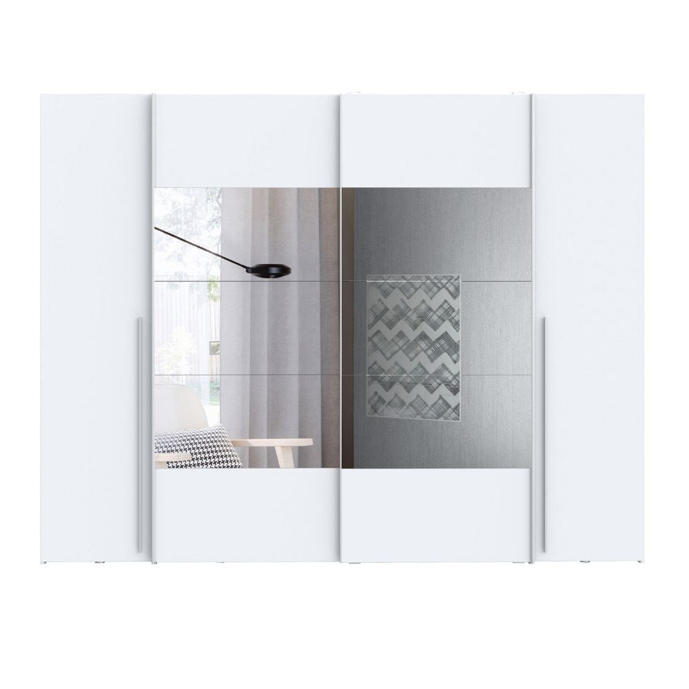 Armadio Callia con 2 ante battenti colore bianco e 2 ante scorrevoli con specchio 270.3x61.2xH210.5 cm.