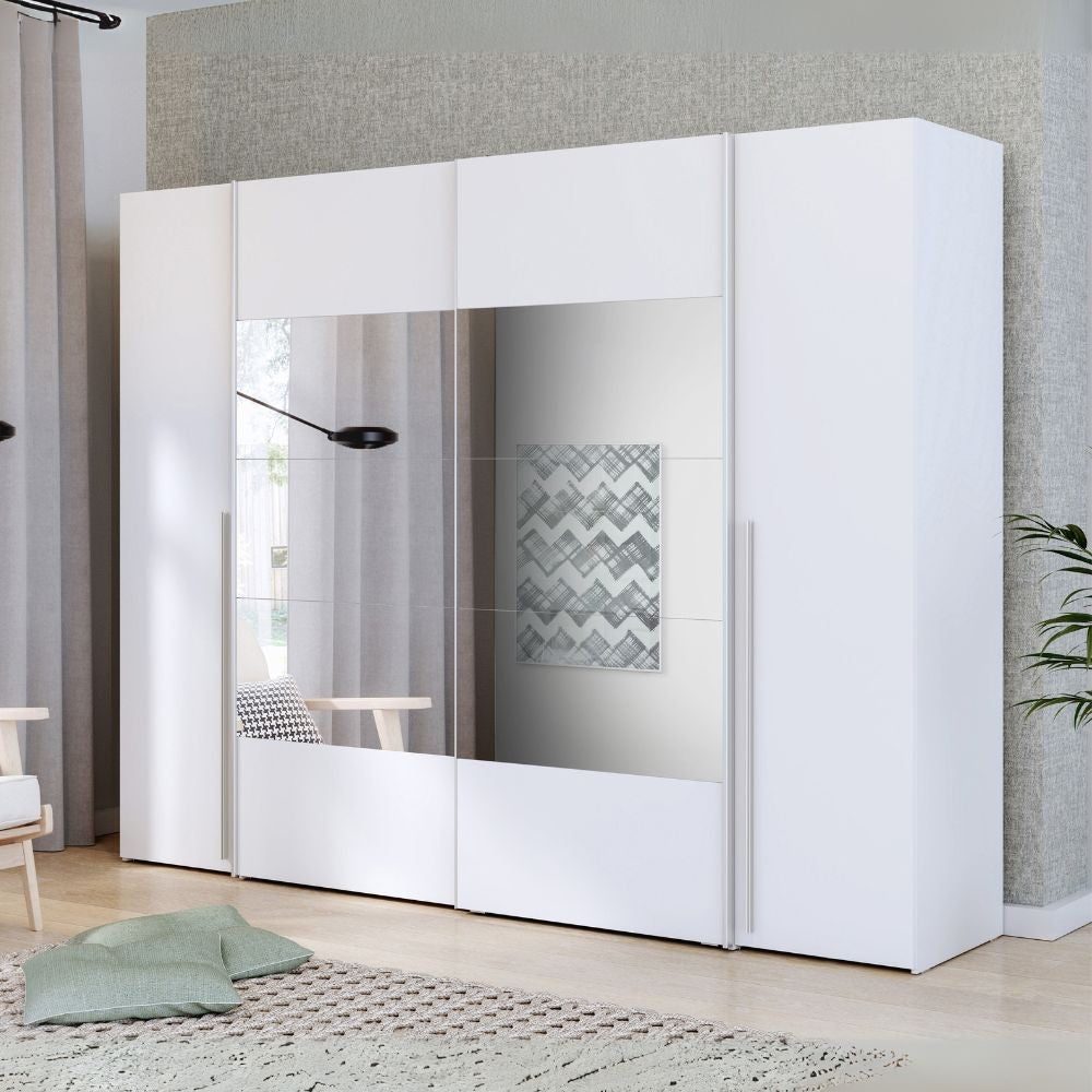 Armadio Callia con 2 ante battenti colore bianco e 2 ante scorrevoli con specchio 270.3x61.2xH210.5 cm.