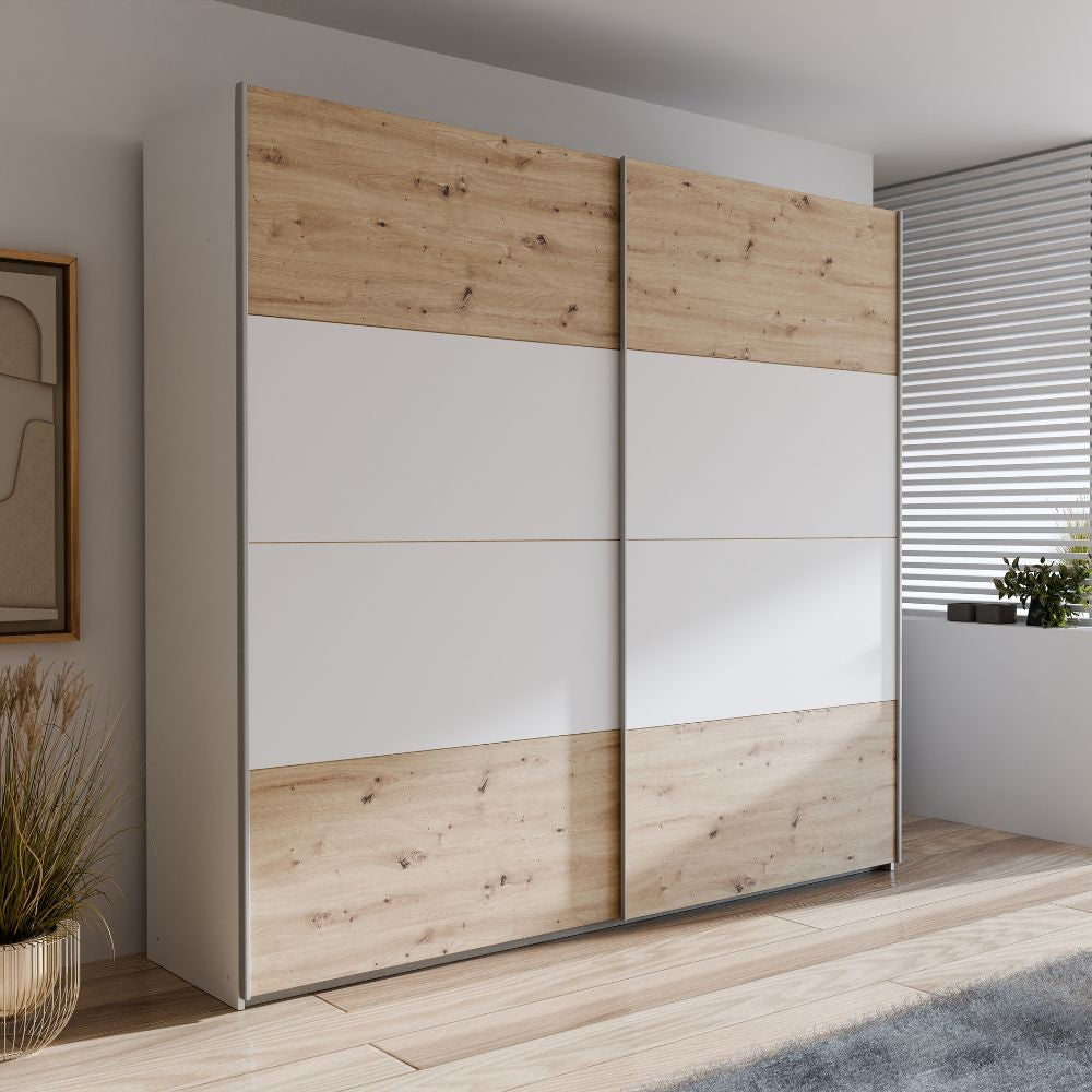 Armadio Elio 2 ante scorrevoli colore rovere con dettaglio bianco o rovere