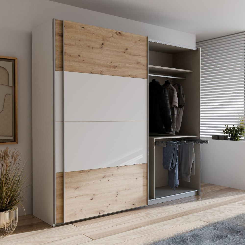 Armadio Elio 2 ante scorrevoli colore rovere con dettaglio bianco o rovere