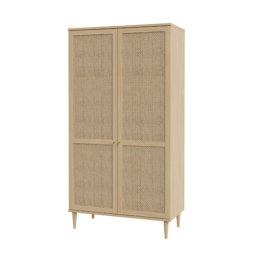 Armadio Livia 2 ante battenti con dettaglio in rattan intrecciato colore rovere
