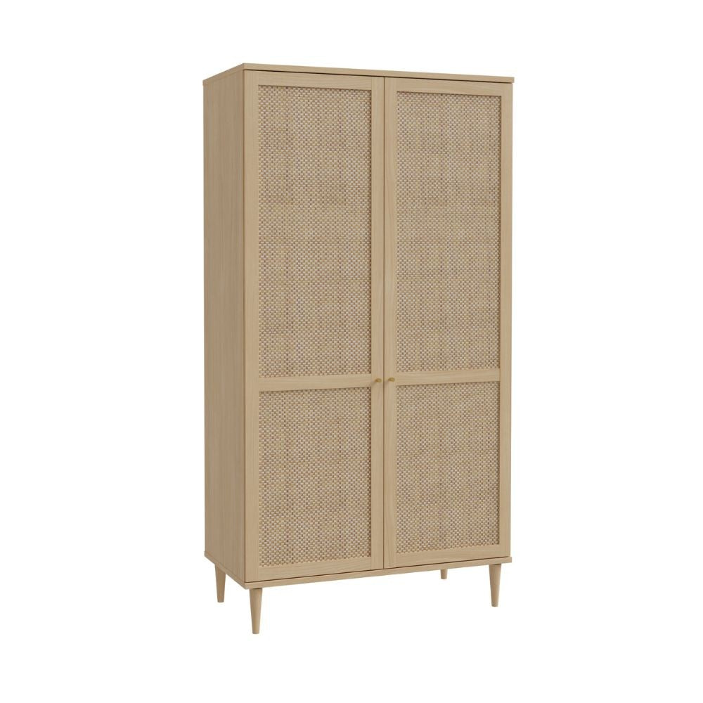Armadio Livia 2 ante battenti con dettaglio in rattan intrecciato colore rovere