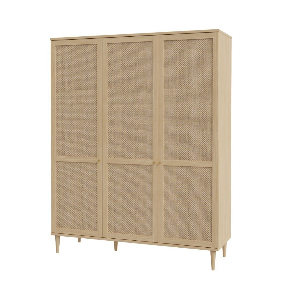 Armadio Livia 3 ante battenti con dettaglio in rattan intrecciato colore rovere